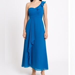 Chiffon cascading one shoulder dress from David’s Bridal in the color blue SZ 2